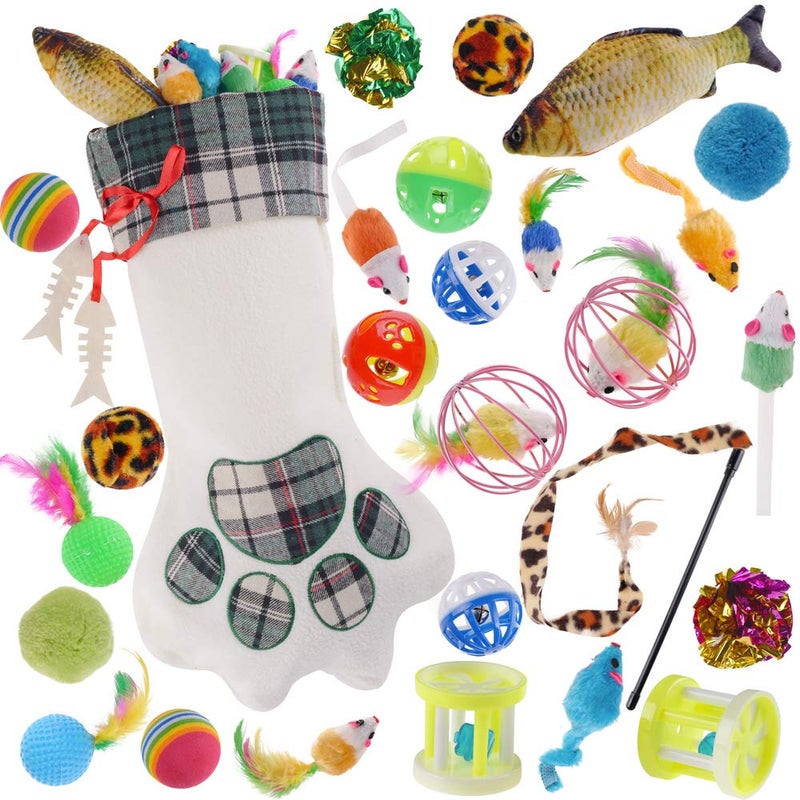 QBSM Cat Christmas Plaid Pet Paw Stockings with 26 Pcs Cat Toys for Cats and Kitten - Image 1